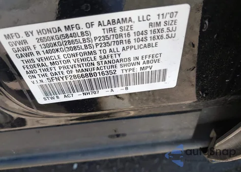 2008 Honda Pilot Ex-L z USA, uszkodzony, nr VIN 5FNYF28668B016352